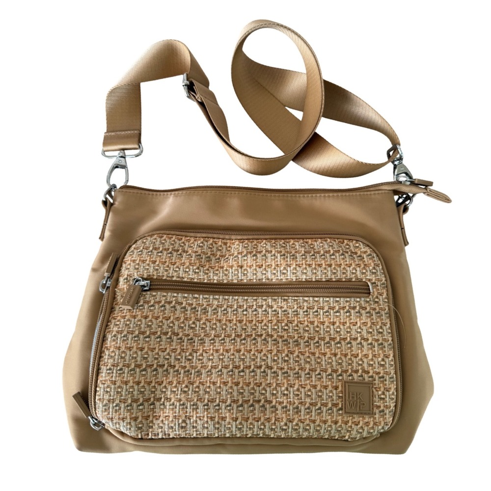 HKWP Crossbody Bag Womens Medium Tan Excellent Woven Nylon Travel Messenger